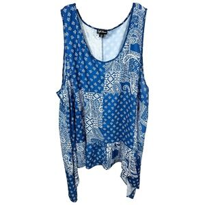 Soft Focus Plus Size 30/32W Top Blue Patchwork Handkerchief Sleeveless Tank 1709